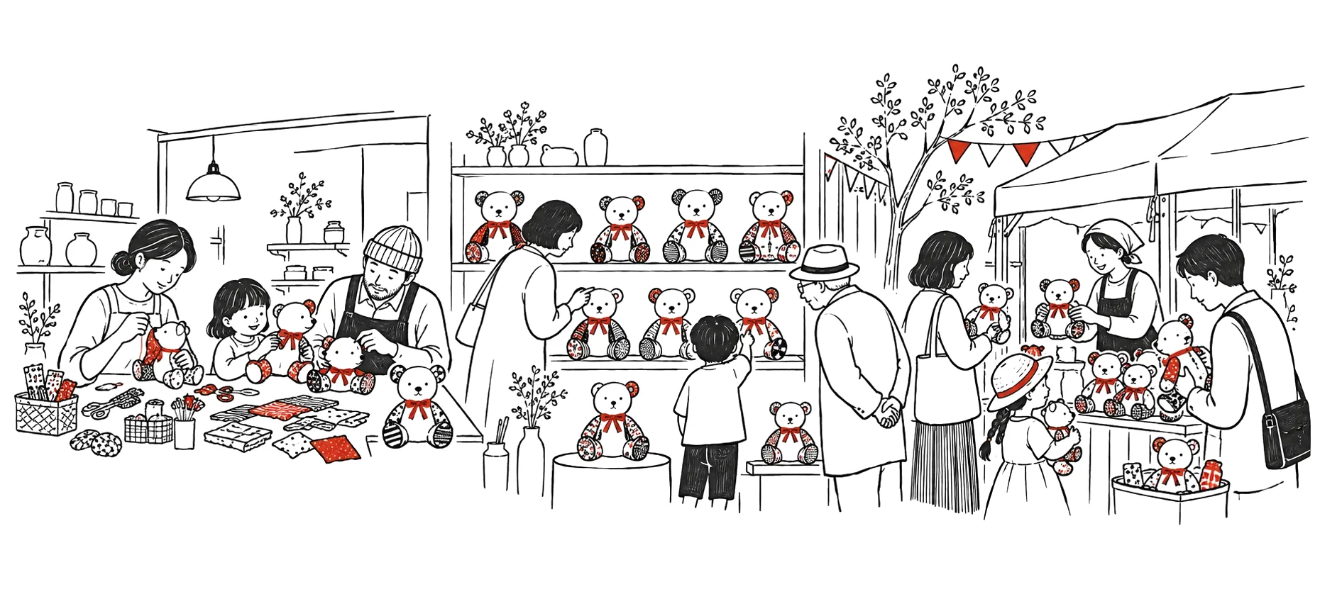 工房でくみぐまを縫う親子と職人、ギャラリーの棚に並ぶご当地くみぐま、通りの屋台でくみぐまを手に取るまちの人たちの絵