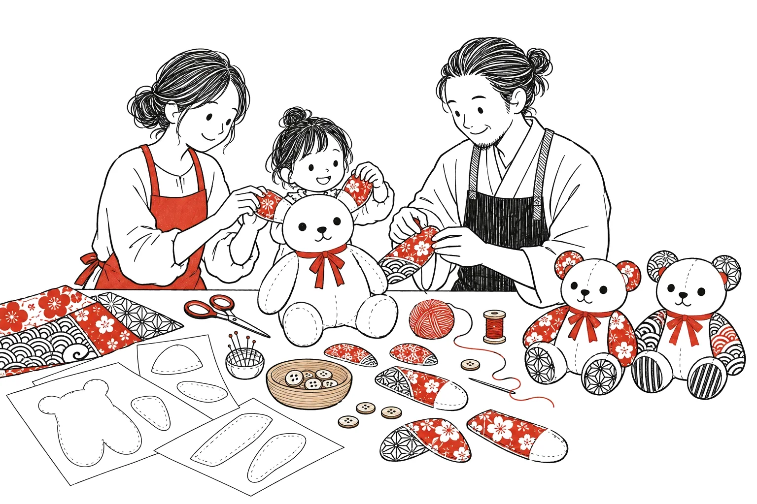 親子と職人が、白いゼロ号に柄の布の耳と腕を付けている絵